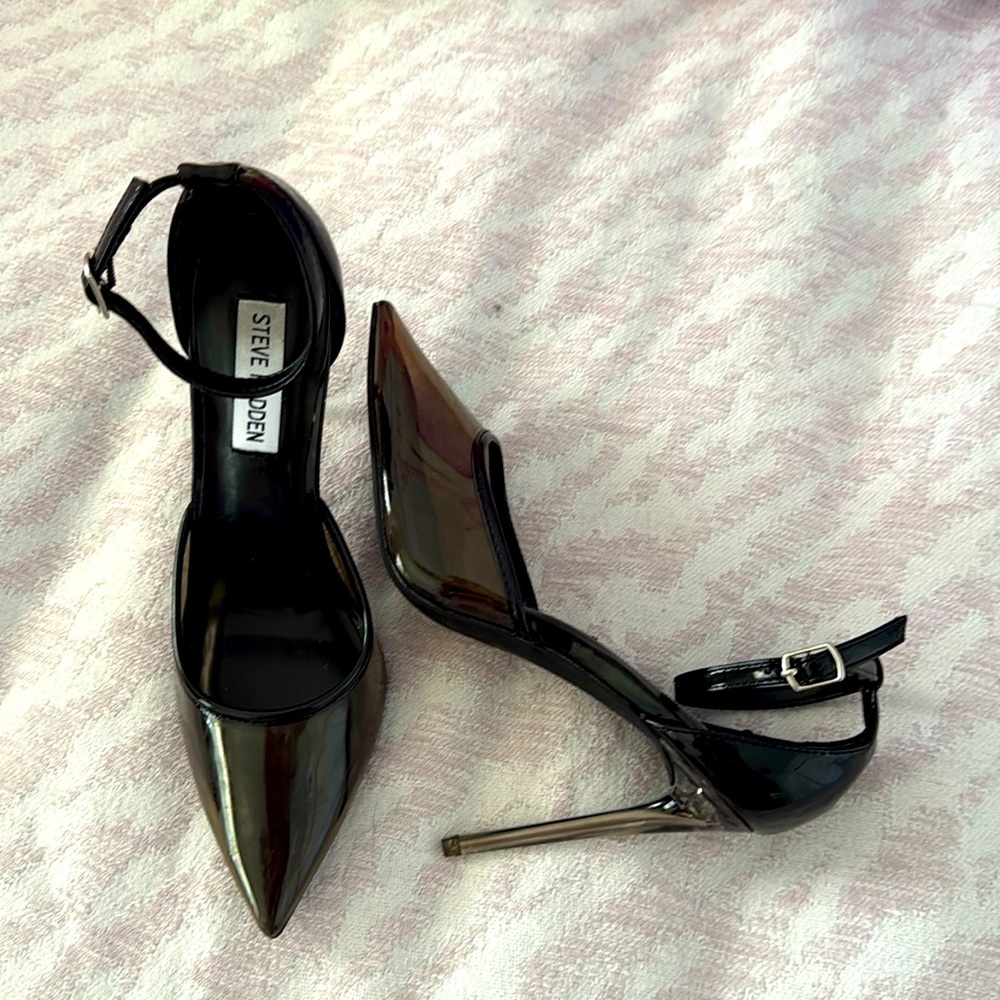 Steve Madden Opar shiny/glossy black/clear sling back pointy toe high heels 7M